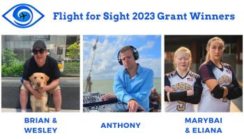Blind Travel Foundation 2023 Grant Winners - Brian is with his guide dog Wesley. Anthony is playing DJ music. Marybai and Eliana are in their USA goalball uniforms