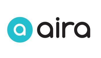 A light green circle has a lowercase and white a in the middle. To the right aira is spelled out in lowercase and in black. The background of the logo is white.